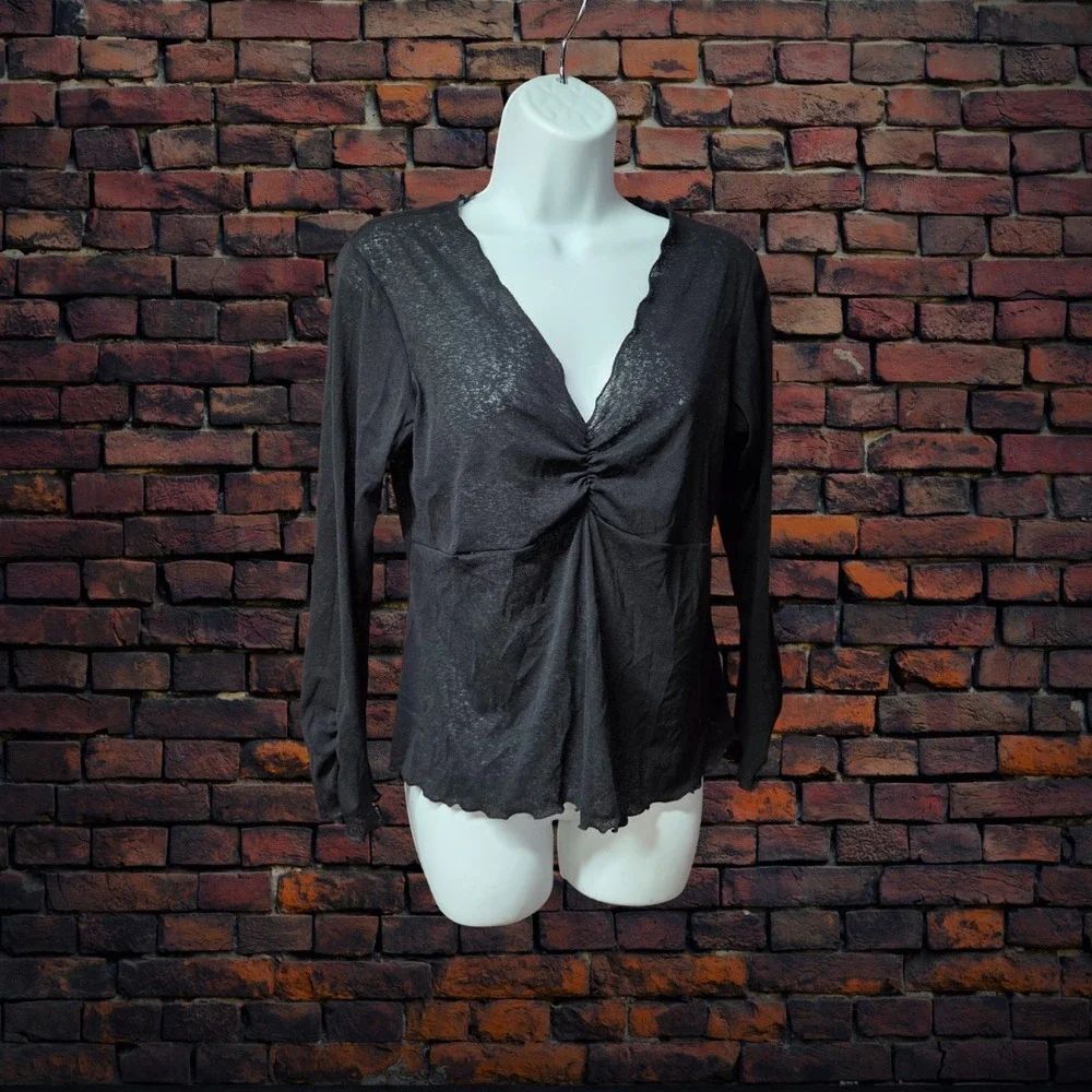 Vintage 90s IVORY Sheer V-Neck‎ Top Large Black Stretch Long Sleeve USA Made